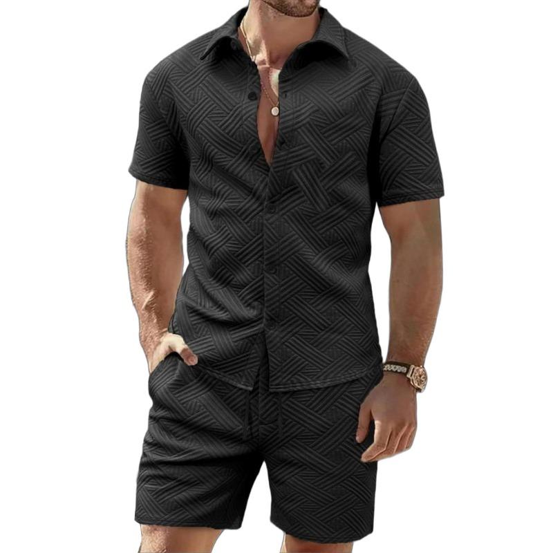 Mens Casual Two Piece Outfit Textured Short Sleeve Shirt And Shorts Set