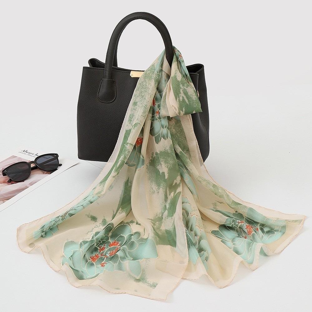 

Gifts Chiffon Printed Silk Scarf Floral Lotus Thin Beach Travel Photography Shawl Breathable Fashion Scarf