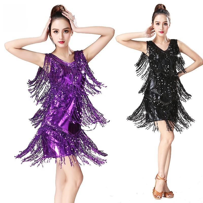 Abito da Danza Latina con Paillettes e Frange per Performance e Competizione Donna