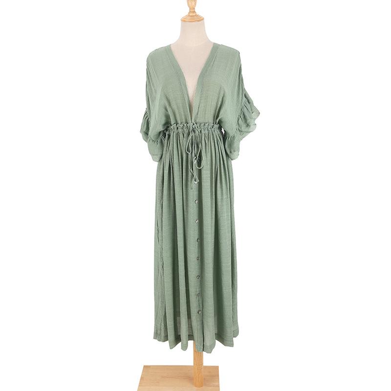 New Bamboo Cloth Button Waist Rope Long Skirt Cardigan Vacation Beach Jacket Sunscreen Clothes Long Skirt Bikini Blouse Women