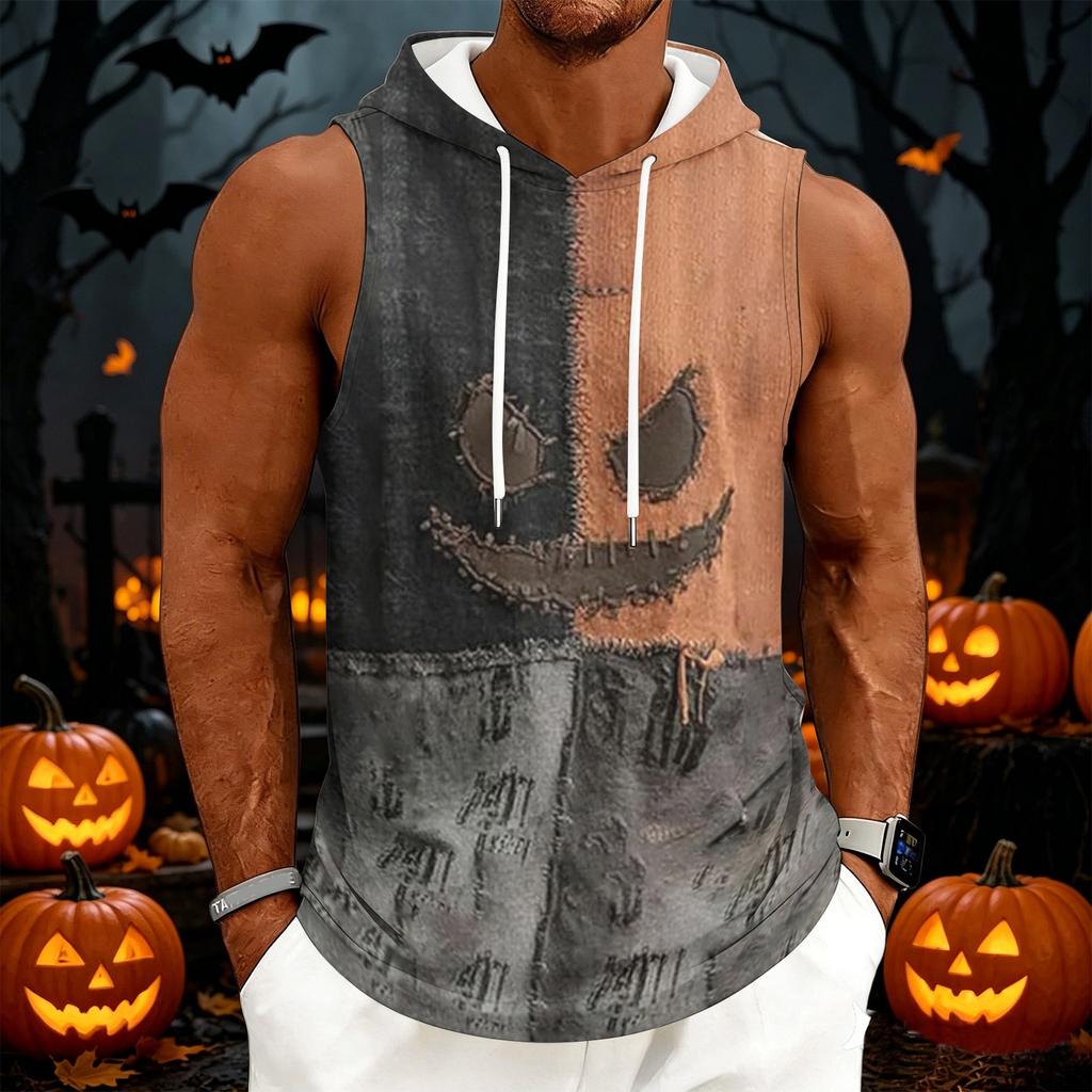 Men's Sleeveless Hoodie Casual Drawstring Hooded Tank Top Halloween Print Streetwear Muscle Fit Summer Vest