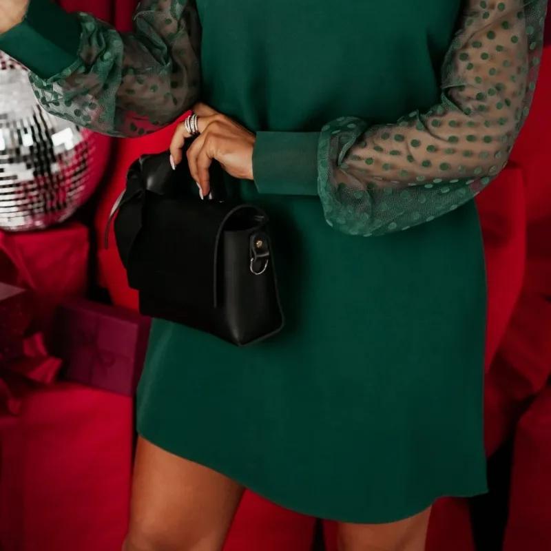 Vestido Sexy Elegante de Largo Medio con Encaje Vintage y Manga Larga para Mujer Nuevo Vestido de Color Sólido con Manga de Malla y Cuello Redondo