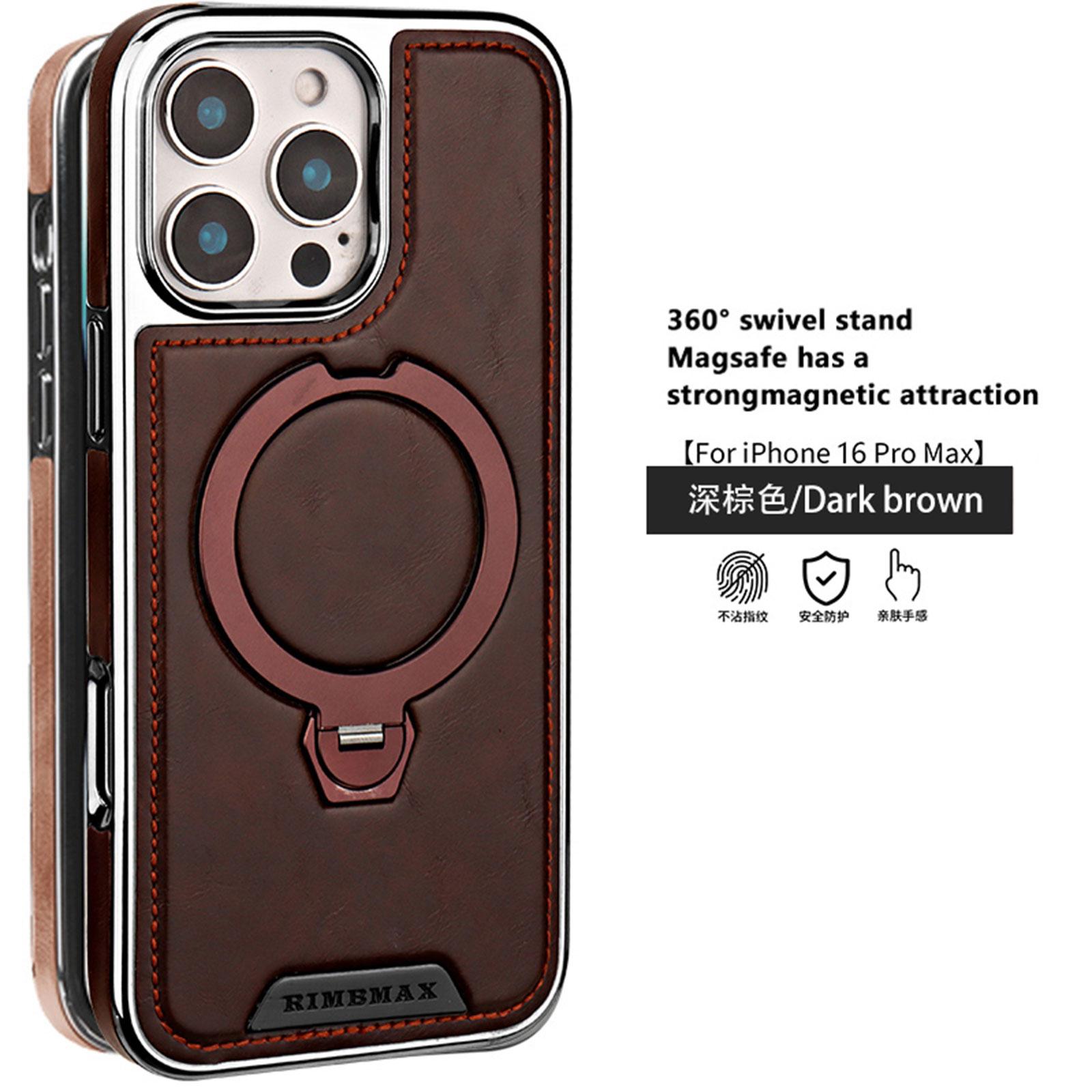 

Magnetic Rotating Bracket Leather Case for iPhone 16 Pro Max 17 Air 16e 15 Plus 14 Pro 13 12 11 Wireless Charging Plating Cover iPhone 14 темно-коричневого
