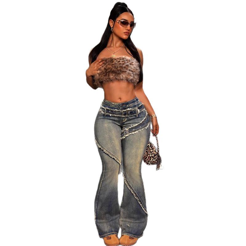 26 Retro-style Frayed Hem Flared Women's Jeans, Street Style Long Pants for Hot Girls, Floor-length Pants