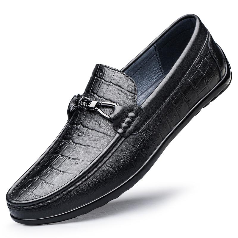 Men's Shoes Driving Shoes Spring Low-top Foot Cover Flat-bottom Fashion Embossed Plaid Cowhide Surface Large Size Single Shoes Leather Shoes