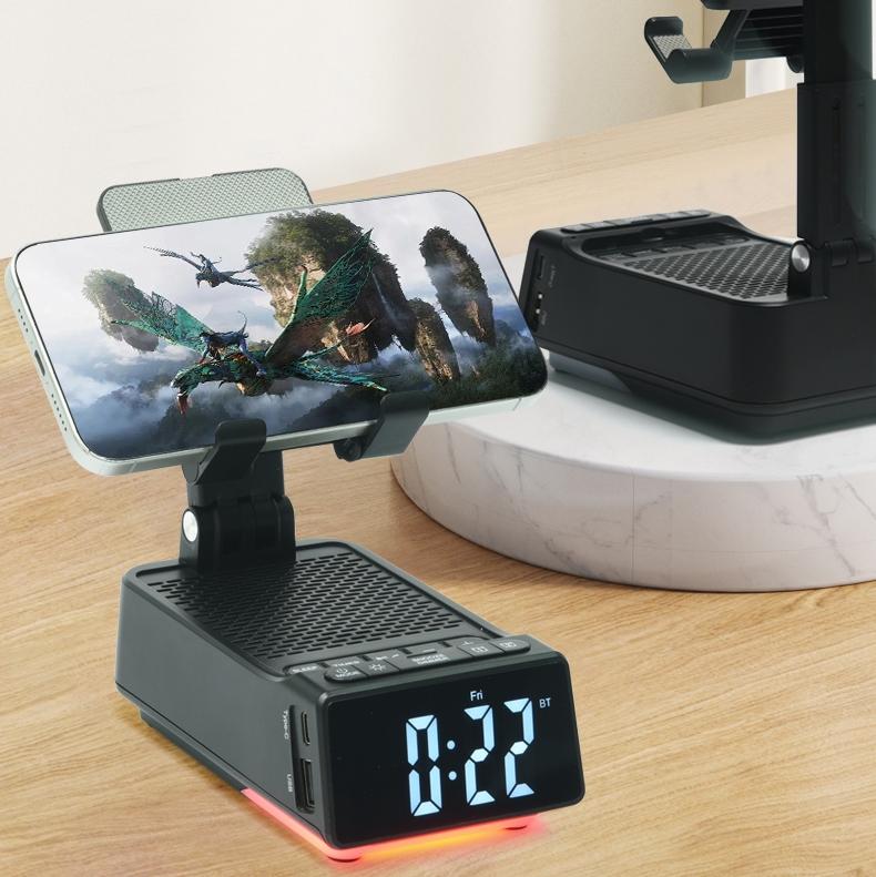 Alarm Clock Bluetooth Speaker Tablet Mobile Phone Stand Rotation Lifted Folding Portable Charging Bank LED Colorful Lights U Disk Player