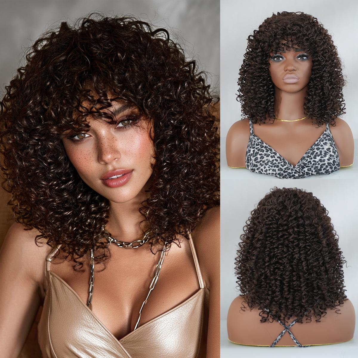 

European and American Style Women s Black Curly Wig Deep Wave Long Spring Curls with Air Bangs Full Wig for Black Hair темно-коричневого кольору