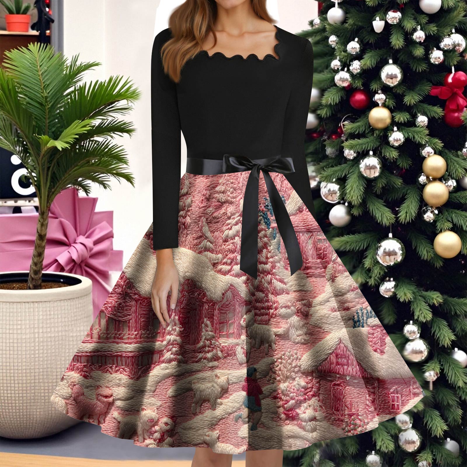 

Женская мода с круглым вырезом, повседневные тонкие рождественские платья с длинным рукавом и принтом M розовый