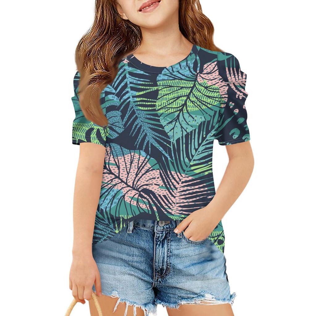 Summer Girls' Short-Sleeved Top, Children's Round-Neck Hawaiian Casual T-Shirt