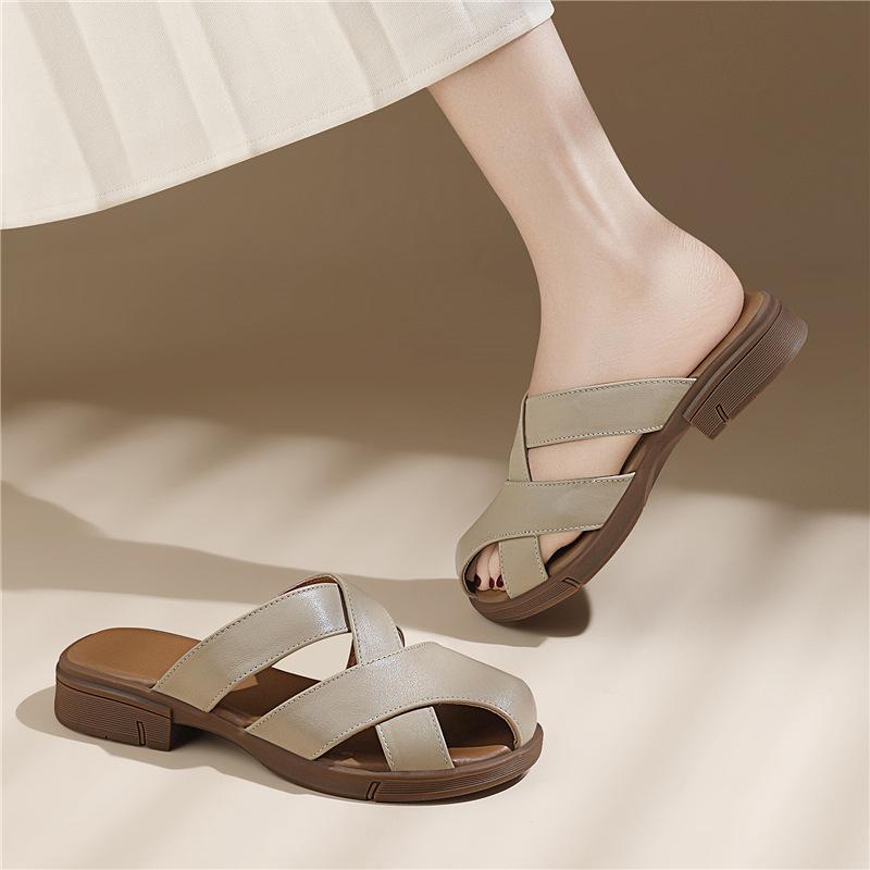 The top layer of cowhide toe wrapped half slippers women's outerwear is a new platform slipper fashionable and versatile sandals in spring of the year