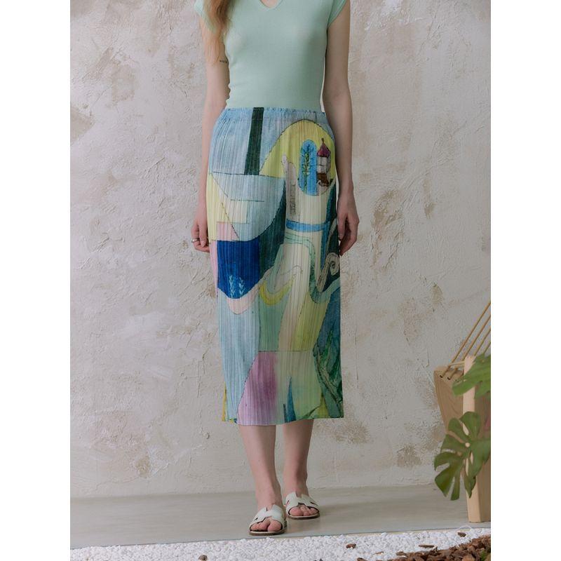 Aozhi State Artistic Sense Abstract Pattern Print Back Slit Pleat Skirt Elastic Waist Straight Midi Dress SW