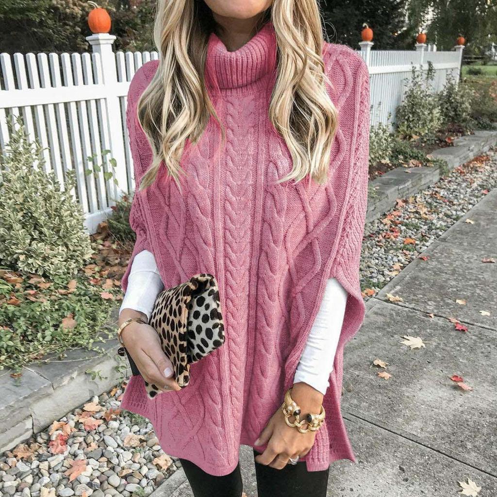 Women's Lazy Loose Long-sleeved High-neck Color Knitted Shawl Sweater