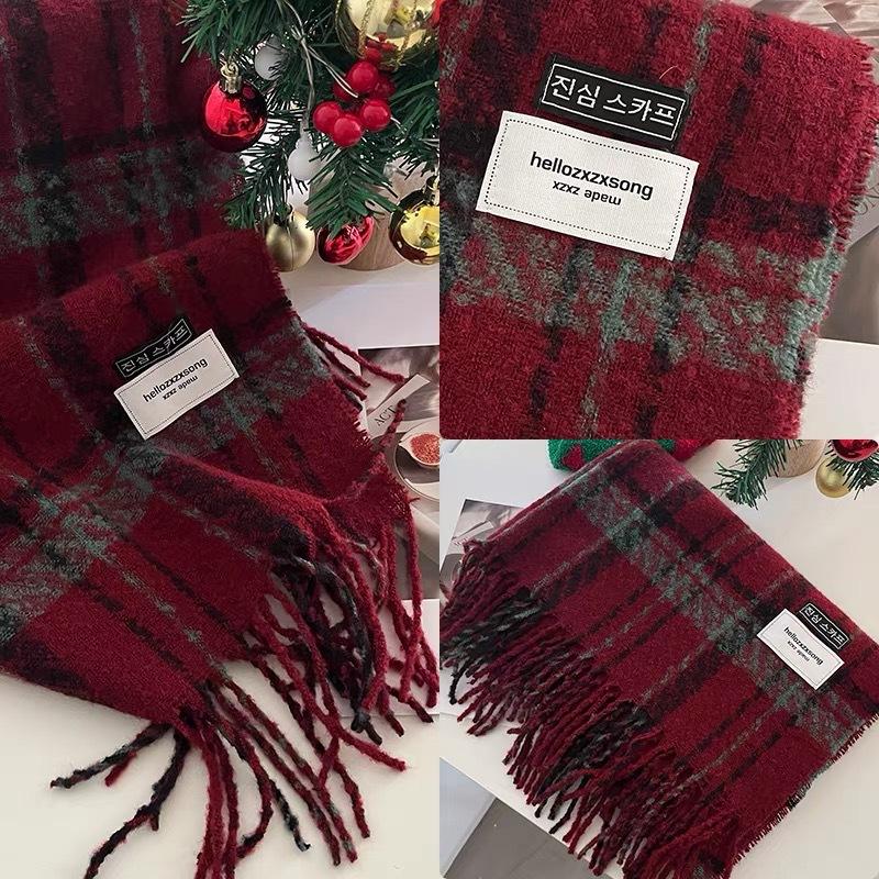 Christmas Wishes Festive Atmosphere New Year's Plaid Tassel Scarf Women's Winter Korean Version Versatile Thickened Warm Scarf Shawl
