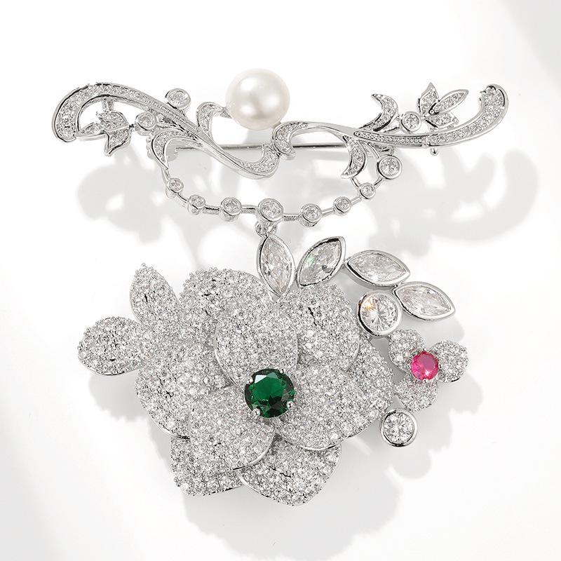 Bo Xin Yun Elegant Rose Brooch with Zircon and Freshwater Pearls