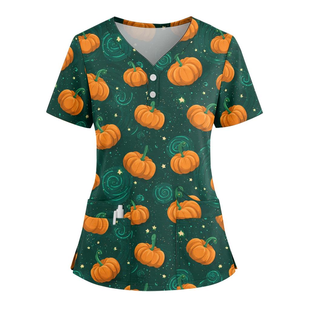 Women's Loose Short Sleeved Fashionable Halloween Print V-neck Buttonable Side Slit Top T-shirt
