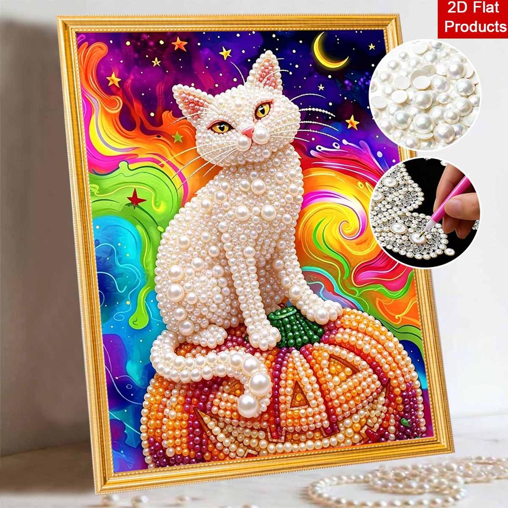 Halloween Pearl Painting Art White Cat On Pumpkin Full Pearl Handmade Diy Home Decorations