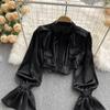 Satin Loose Shirt Long Flared Sleeves Ruffles O Neck Beading  Women Gentle Office Lady Casual Blouse