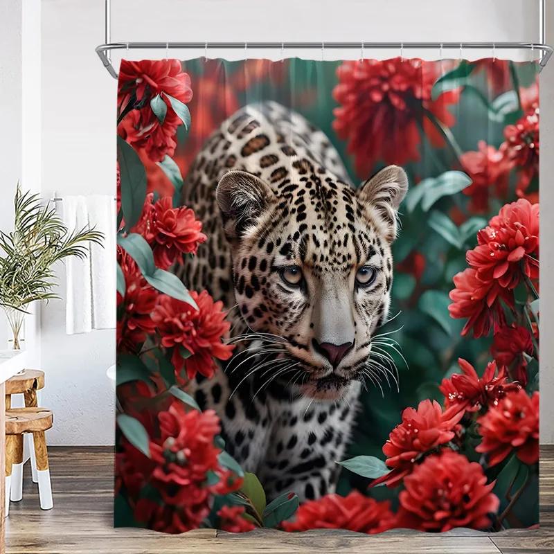 Floral Leopard Shower Curtains Watercolour Jungle Flowers Plants Wild Animal Bath Curtain Fabric Home Bathroom Decor with Hooks