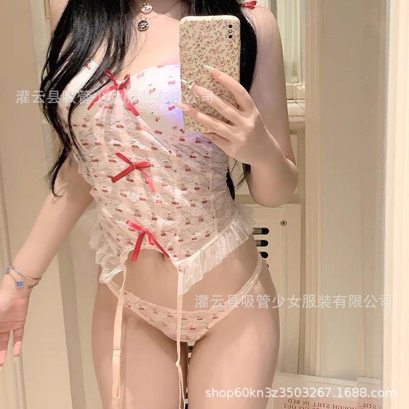 Sexy lingerie bow suspender corset steel tray with chest pad sexy lace cherry