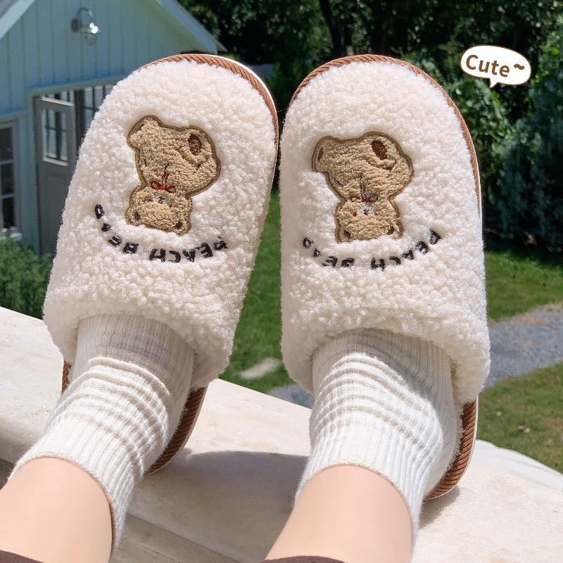 Bear cotton slippers female cute home autumn and winter new confinement shoes home non-slip plush cotton drag women's