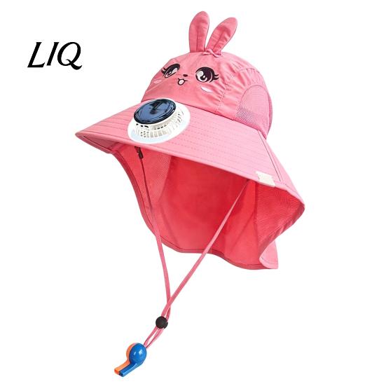 Toddler Sun Protection Hat Kids Cap with Built-in Solar Fan, Wide Brim Cooling Fan Hat, Breathable Mesh Fabric Summer Cartoon Pattern, Shawl Design