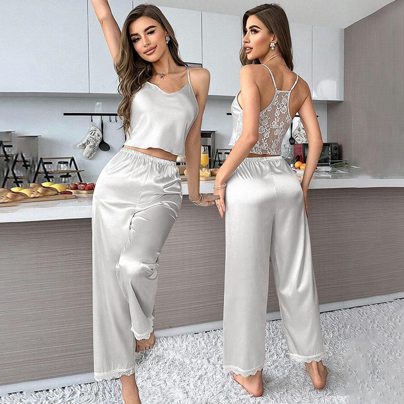 

летний сексуальный комплект пижамы с кружевной вставкой на спине для женщин, однотонный комплект с шортами и майкой, с круглым вырезом, одежда для сна, одежда для дома, пижама S