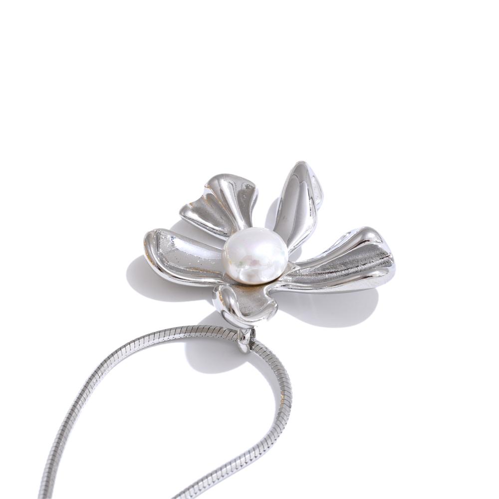 

Yhpup 50+6cm Fashion Stainless Steel Smooth Pearls Flower Trendy Pendant Necklace Tarnish Resistant Jewelry for Women Gift