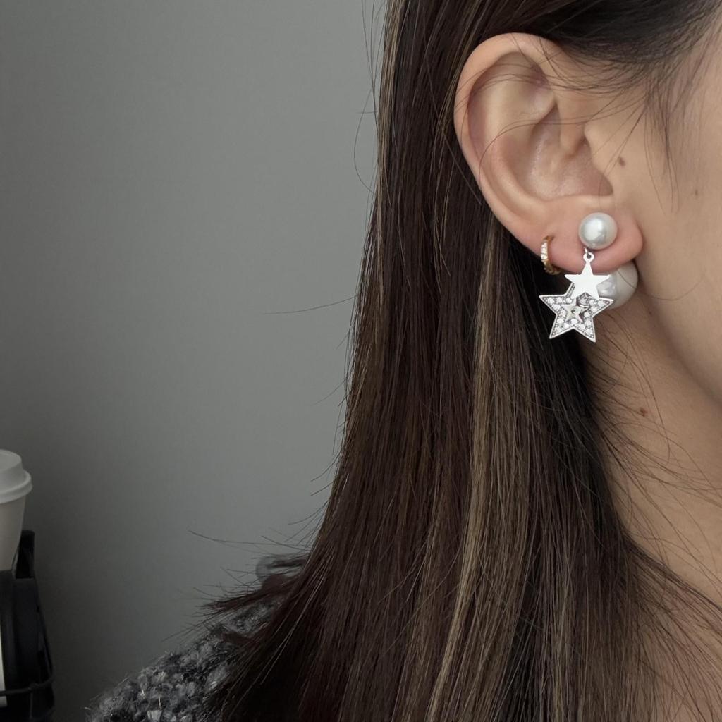 Silver Needle Diamond Star Pendant with Pearl Stud Earrings - Versatile High-End Jewelry