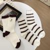 Embroidered Bear Striped Mid-Calf Socks In Black, White, Brown - Pure Cotton, Comfortable, Japanese College Girl Style