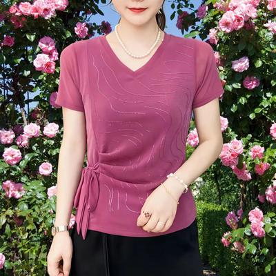 Nova Moda Verão Top Elegante com Decote em V Manga Curta Slim Fit e Estiloso Camiseta