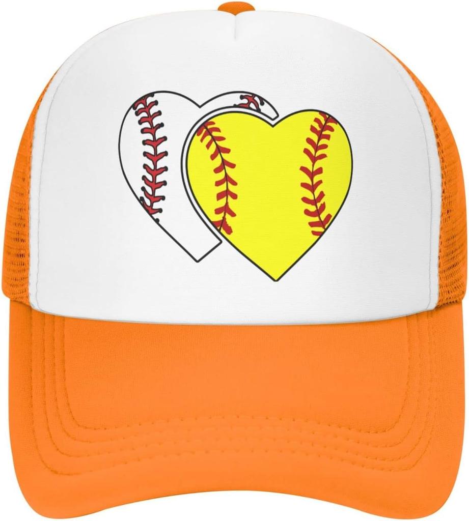 Softball Heart Graphic Trucker Hat Polyester Mesh Adjustable Baseball Cap Casual for Men Women