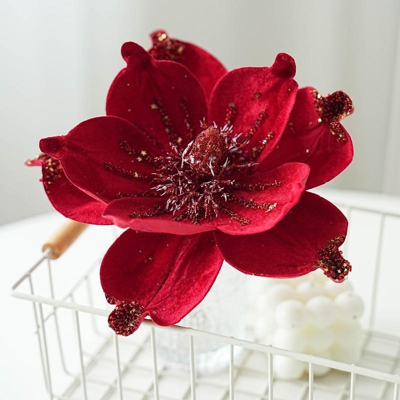 Glitter Artificial Christmas Flowers Simulation Red Poinsettia Flower DIY Xmas Tree Ornaments Wedding New Year Home Decorations