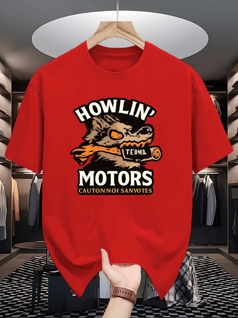 Unisex Crew Neck Tee Howling Wolf Motors Retro Letter Print Soft Cotton Loose Short Sleeve Summer Casual Male Streetwear Tops