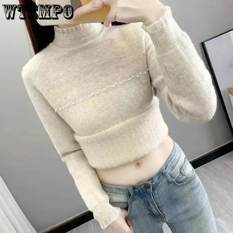 Tricotaj din dantelă Pulover pentru femei de pluș integrat, subțire, cu jumătate de gât înalt, pulover îngroșat, decorare cu perle, pulover de tragere, toamnă iarnă