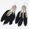 Hollow Vintage Leaf Feather Drop Earrings Bohemian Feathers Long Design Hollow Metal Earrings Ladies Zircon