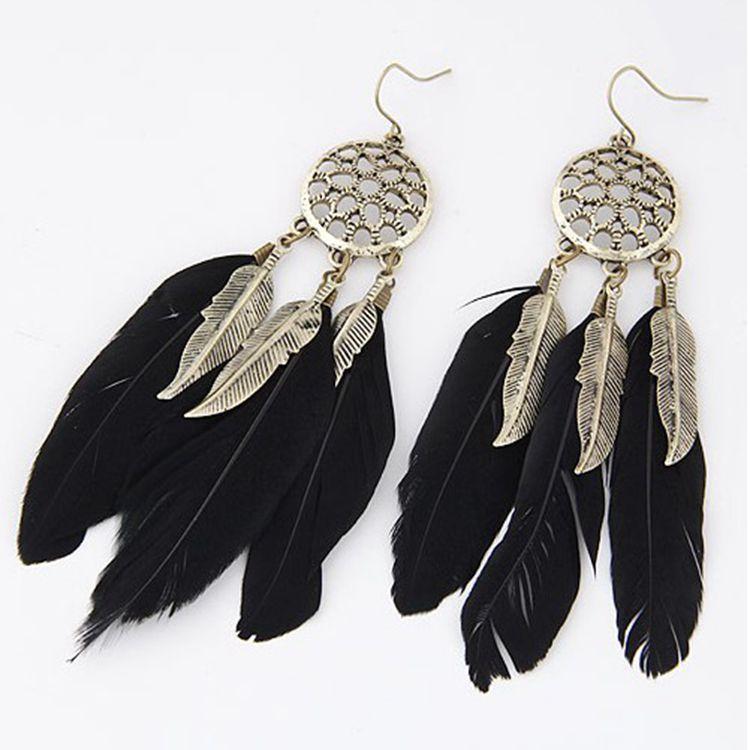 Hollow Vintage Leaf Feather Drop Earrings Bohemian Feathers Long Design Hollow Metal Earrings Ladies Zircon