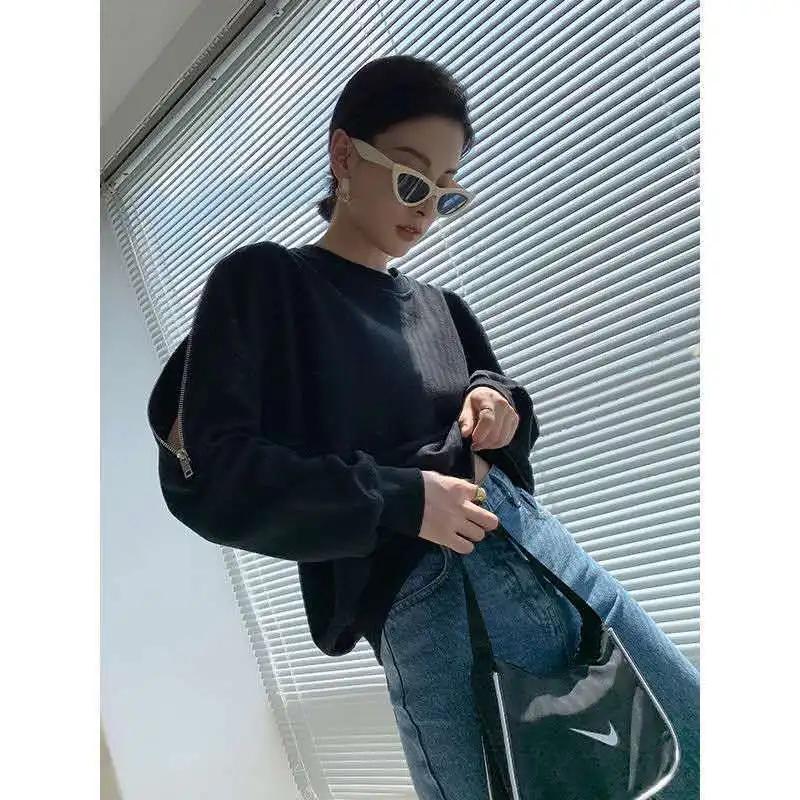 Design Zipper Off-shoulder Long Sleeve Round Neck Loose Top Women's Sweatshirt 2025 New Women's Korean Fashion
