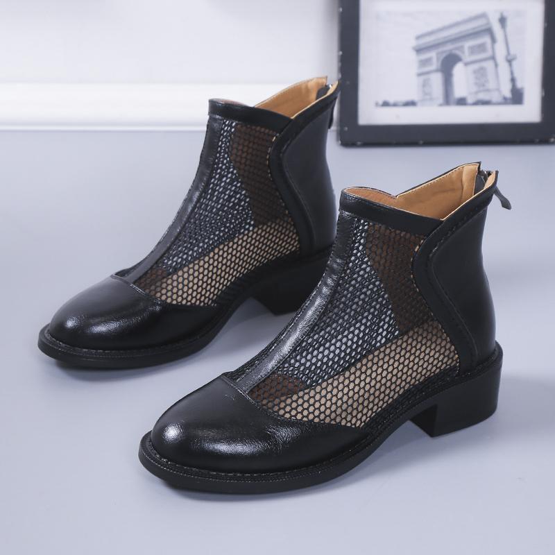 

Сетчатые сапоги женские 2024 новые летние женские сандалии с круглым носком модные сетчатые уличные дышащие женские сандалии на молнии на среднем каблуке 42 чёрный