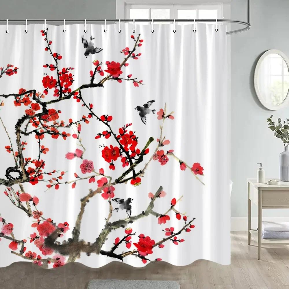 

Pink Flowers Shower Curtains Cherry Blossom Floral Koi Japanese Style Bath Curtain Polyester Fabric Bathroom Decor With Hooks W60H190(CM)-1 Pcs