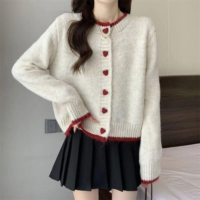 Women's Colorblock Heart Button Knit Cardigan - Short, Long Sleeve Sweater for Spring & Autumn