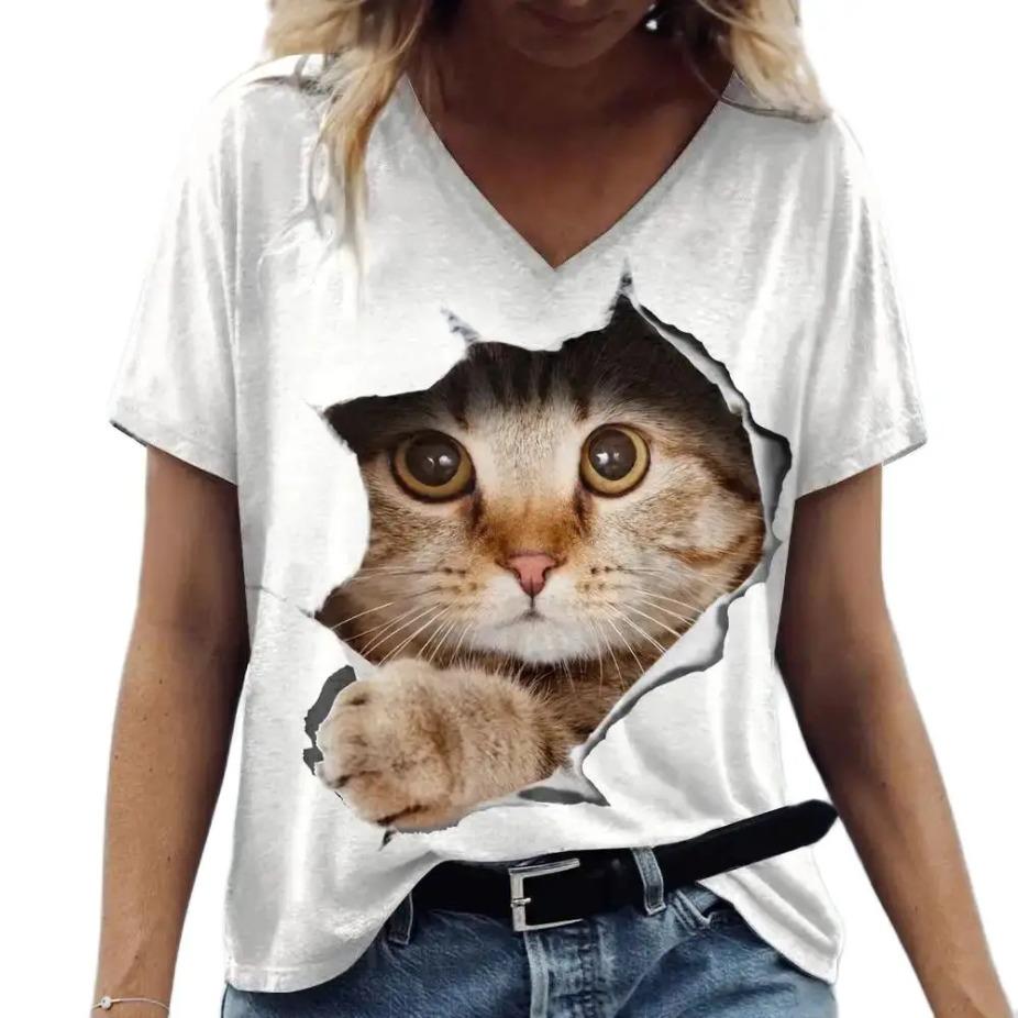 Summer V-neck 3D Animal Cat Dog Printed Top Fashionable Casual Short Sleeved Women's T-shirts