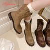 Fashion Aphixta Mid-Calf Modern Boots 3.5cm Square Heel Totem Design Back Zip Woman Shoes Round Toe Brown Big Size 42 Western Boot