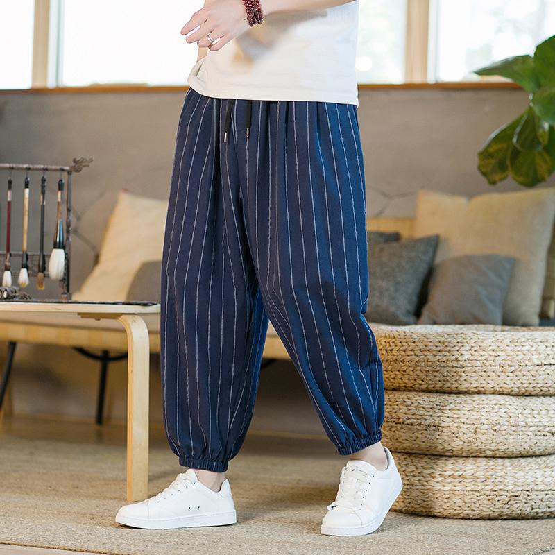 Japanese Style Stripe Summer Cotton Linen Harem Pants Men Streetwear Breathable Beach Pants Male Casual Calf-Lenght Trousers