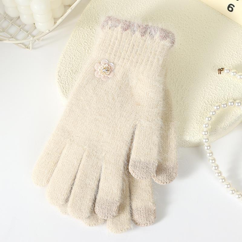 Finger gloves winter women's new thickened warm solid color cute student cycling cold-proof wool gloves women