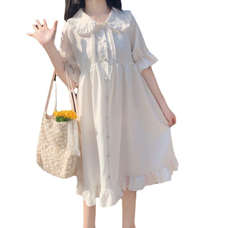 Japanese Lolita Style Summer Women White Dress Peter Pan Collar High Waist Loose Dress Flare Sleeve Party Cute Kawaii Dress