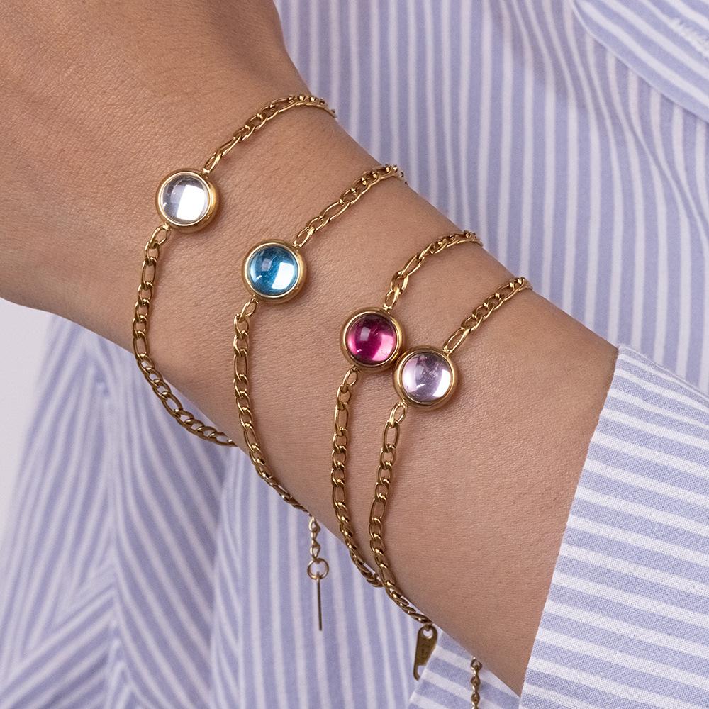 ins French retro round color zircon bracelet stainless steel plated 18k gold macaron niche design accessories
