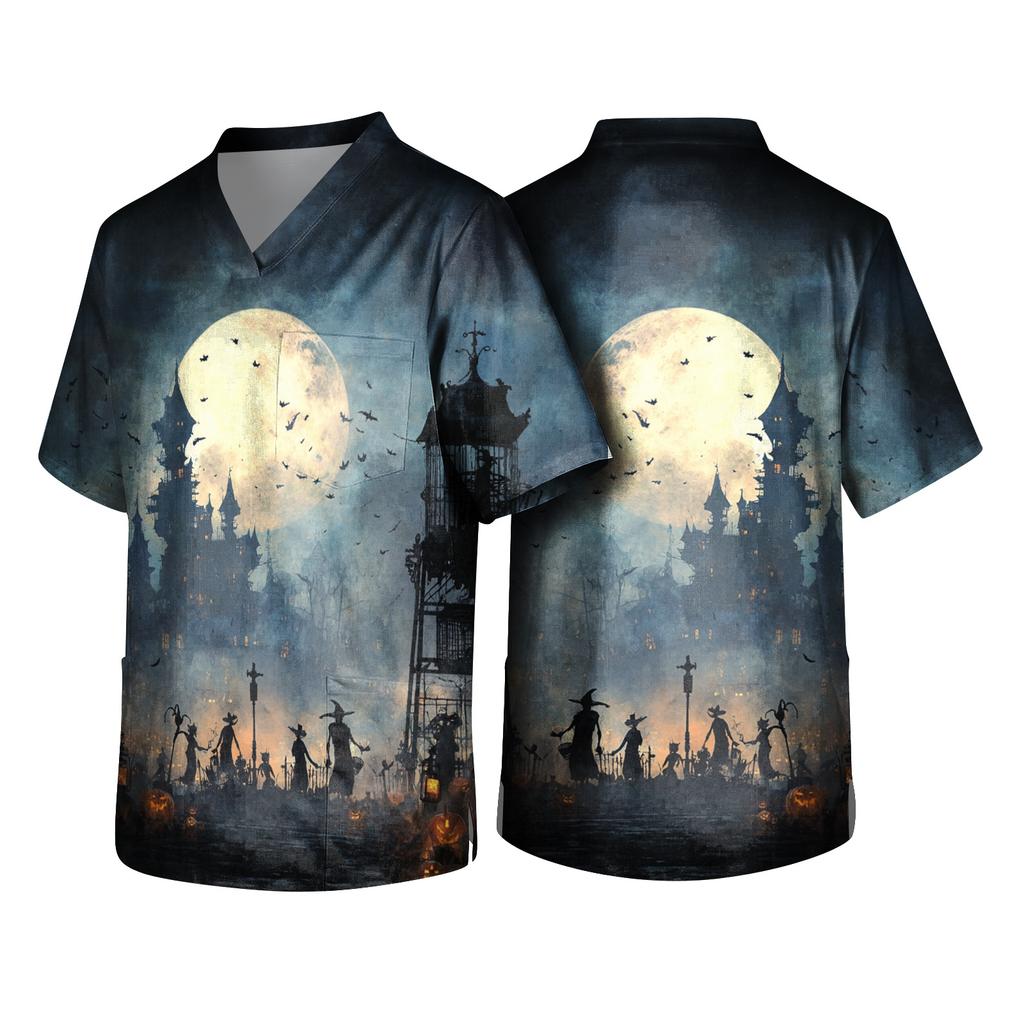 Men's Halloween V-Neck Scrub Top, Short Sleeve with Pockets for or Costume