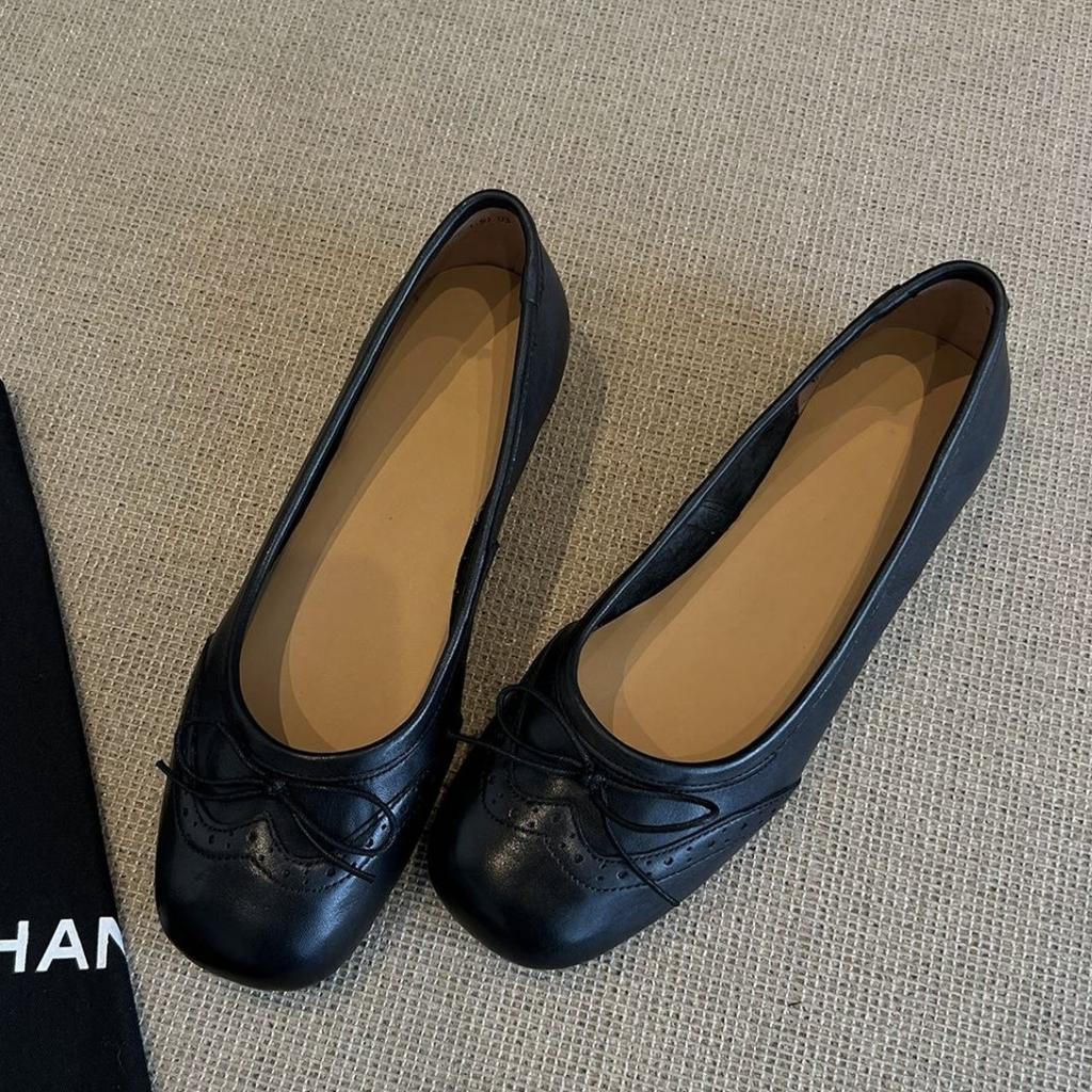 Cowhide Version~ Flat-bottomed Brock Engraved Bow Single Shoes Spring and Autumn Leather Round Head Mary Jane Shoes