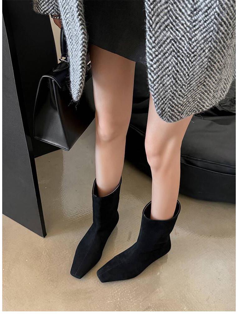 British-Style Ankle Boots - Autumn 2024 Cowhide Square Toe, Low Heel, Slim European-American Workwear