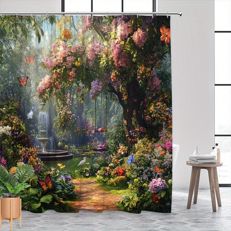 Enchanted Garden Print Waterproof Shower Curtain For Bathroom,Vibrant Floral &Butterfly Design High-End Toilet Partition Curtain